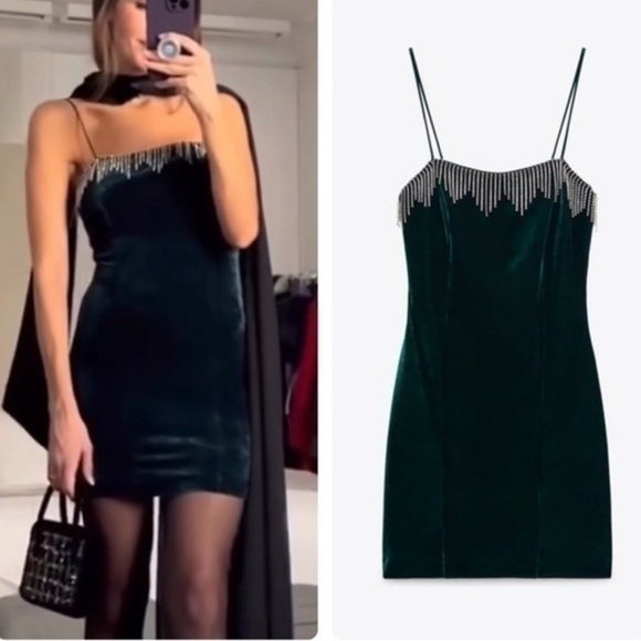 Zara Green Velvet Mini Dress Fringe Rhinestone Spaghetti Strap Cocktail Party - Picture 1 of 15